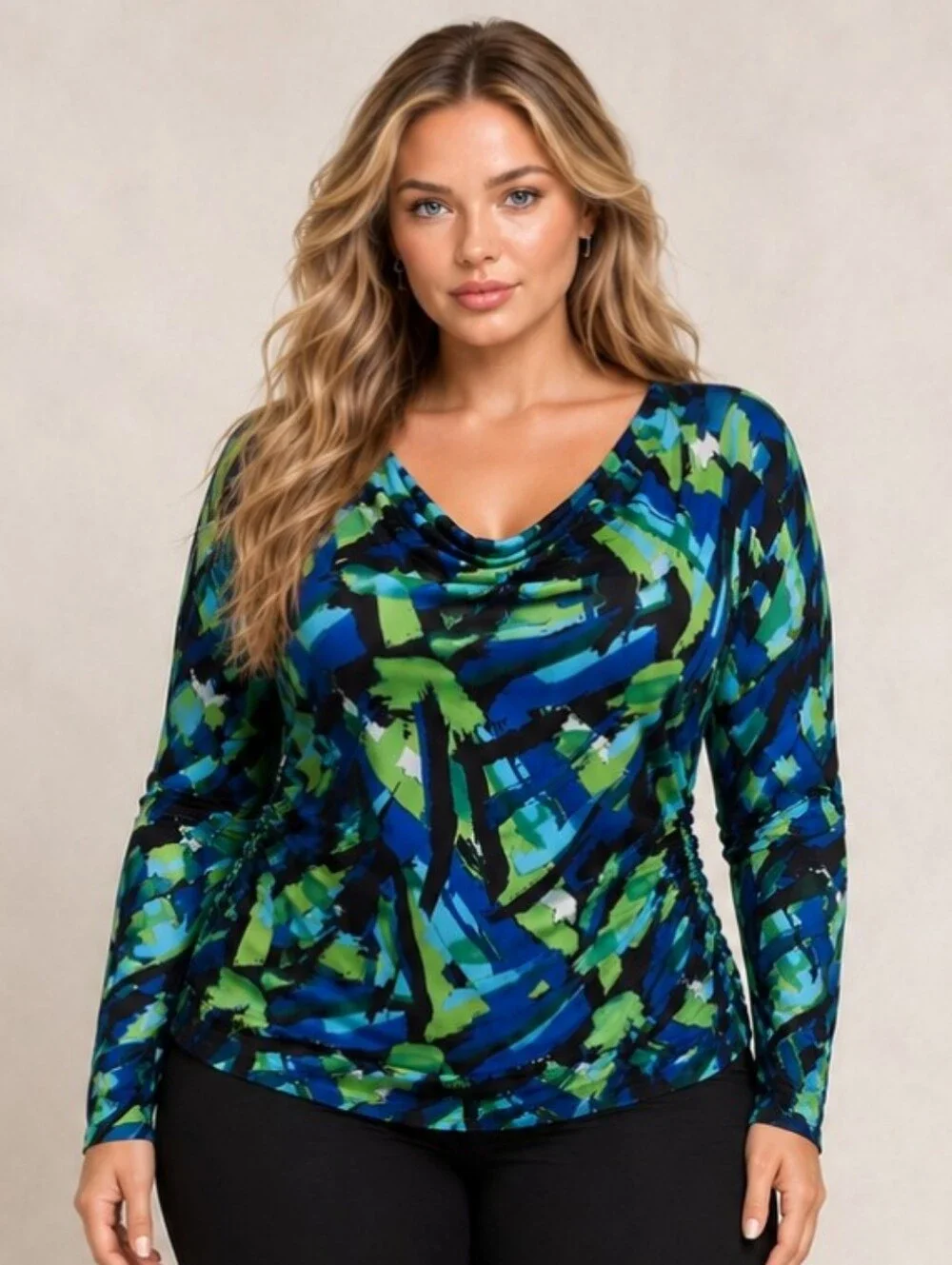 Bianca Nygård Abstract Print Cowl Neck Stretch Top Size 16 Blue Green Black Long - Picture 8 of 8